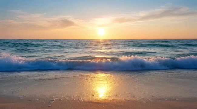 Golden hour beach sunset ocean waves and reflection serene tropical summer seascape nature landscape