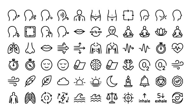 Breathing Exercises and Mindfulness Icon Set with Lungs, Meditation, Oxygen, Inhale Exhale Symbols, and Wellness Line Art for Healthcare Vector Designs