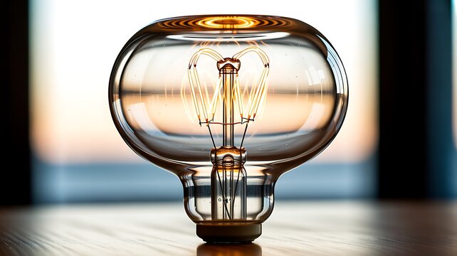 Vintage glowing edison light bulb close up with warm filament on blurred background