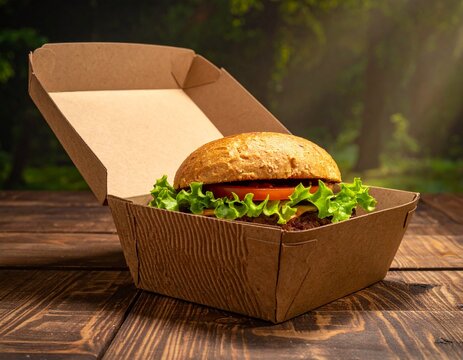 brown, hinged burger container is made from eco-friendly, biodegradable Kraft paper packaging