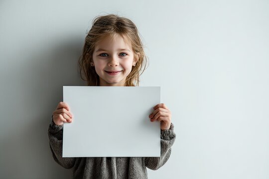 Happy Young Girl Holds Empty White Sign in Bright Room