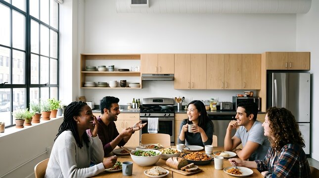 Young Professionals Sharing Meal in Modern Co-Living Community Kitchen
