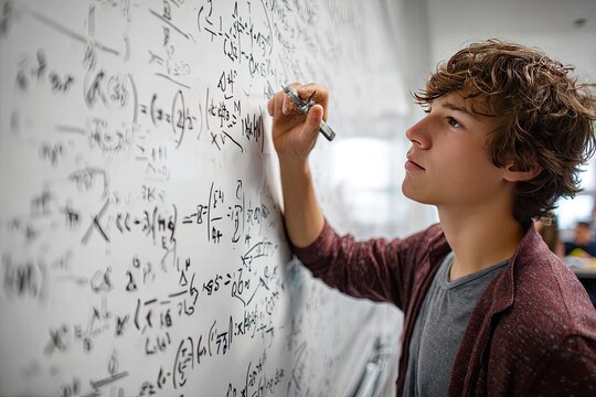 High School Student Solves Math Equations on Whiteboard