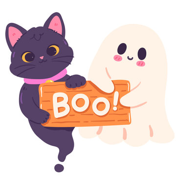 Cute Ghost and Black Cat Holding Wooden Sign Illustration