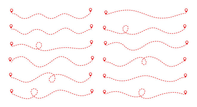 Red map pin location tracking points with dashed route lines set vector illustration. Route location icon. Hand drawn curve dotted line. 