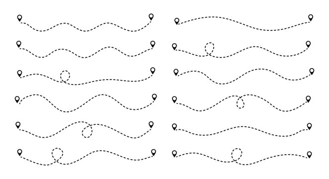 Route icon between two points with dotted path and location pin. Location pointer continuous one line drawing.Vector illustration . 
