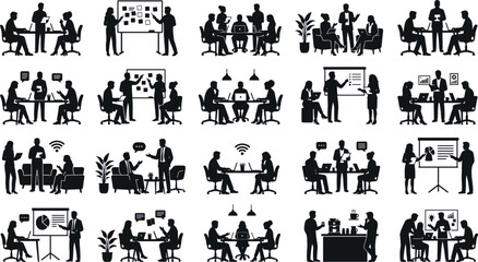 Fototapeta premium Set of business meeting silhouettes, professional office work and team collaboration icons