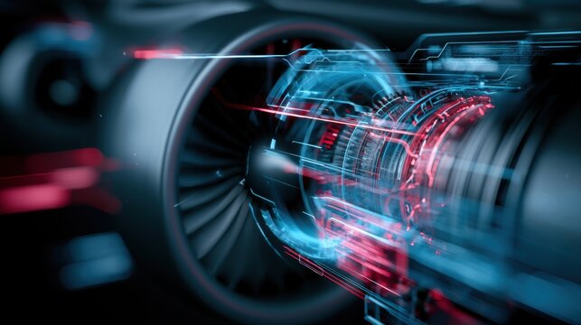 Futuristic jet engine concept with glowing neon blue and red holographic displays, showcasing intricate mechanical parts and a sense of advanced technology