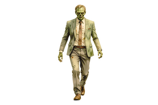 terrifying zombie businessman wearing  tattered tan suit walks forward with an aggressive expression