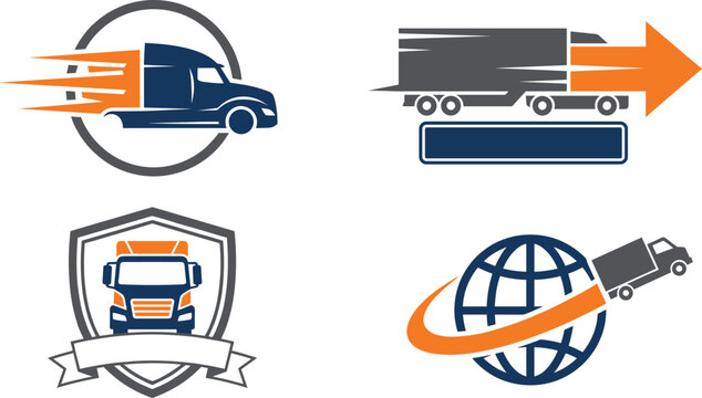 Logistics delivery truck logo template set with fast shipping semi trailer icons globe world map network and shield protection emblem badges vector