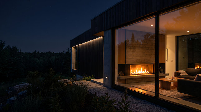 Modern Cabin at Night with Glowing Fireplace Through Glass Wall