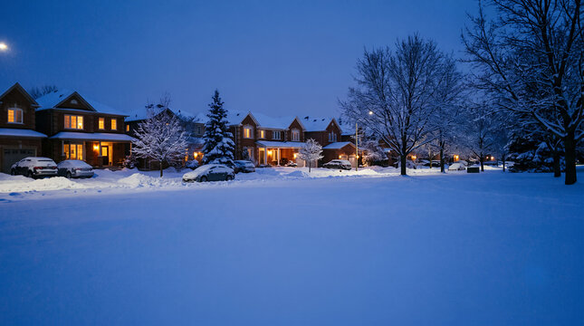 Snowy Suburban Neighborhood at Dusk with Glowing Home Windows