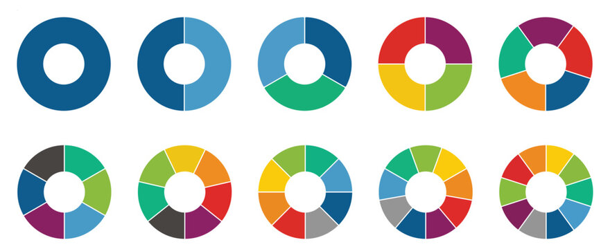 Pie chart set. Segment slice sign. Circle section graph. 1,2,3,4,5,6,7,8,9,10 sections or steps. Pie chart for data analysis, business presentation, UI, web design. Geometric element. Vector illustrat