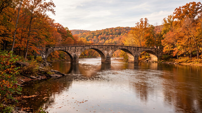 Stone Arch Bridge Over Autumn River with Colorful Foliage