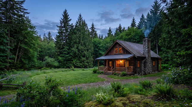 Log Cabin Glowing at Blue Hour Dusk in Evergreen Forest