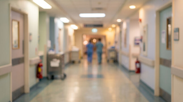 Blurred Hospital Hallway with Medical Staff Walking in Scrubs