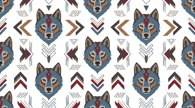Tribal Wolf Head Pattern with Geometric Arrows and Symbols.