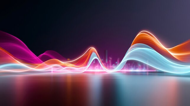 Colorful abstract waveforms glowing in a dark space, blending pink, orange, and blue hues with smooth, flowing lines and light reflections.