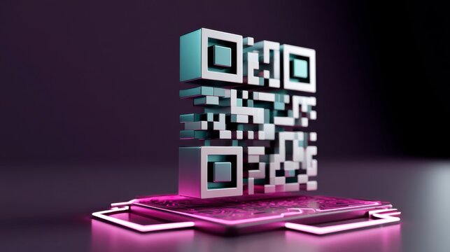 A futuristic 3D QR code glowing with neon pink and blue light stands on a dark reflective surface, symbolizing advanced digital technology and connectivity.