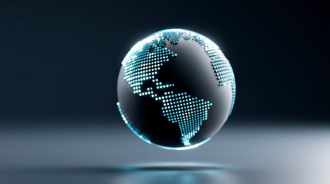 Digital globe of Earth highlighting the Americas with glowing blue dots on a dark background, representing global connectivity and technology.