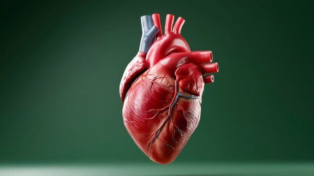 Detailed 3D rendering of a human heart showing arteries, veins, and chambers on a green background.