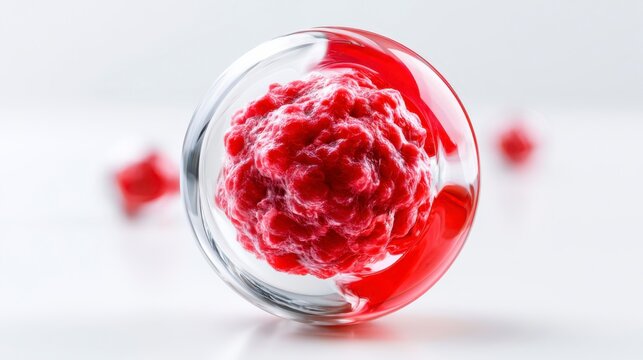 A close-up 3D illustration of a red cancer cell inside a transparent sphere with a blurred background.