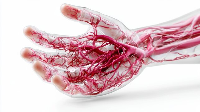 Transparent hand revealing detailed red blood vessels and arteries, illustrating human vascular anatomy.