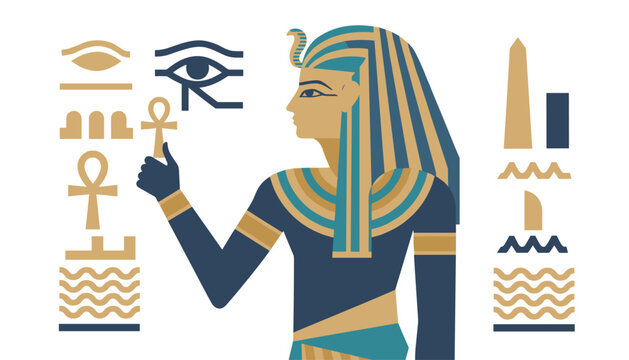 Ancient Egyptian pharaoh portrait in profile surrounded by sacred hieroglyphs and the eye of Horus symbols.