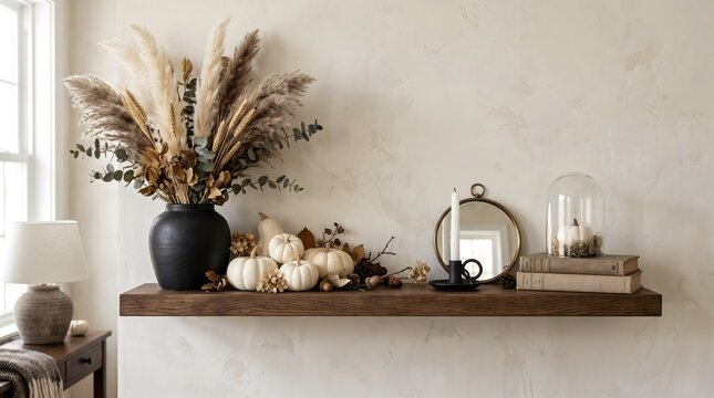 Elegant autumn shelf decor featuring pampas grass in black vase white pumpkins and candle creating warm seasonal home atmosphere on textured wall.