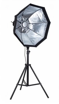Octagonal silver-lined light modifier on adjustable tripod