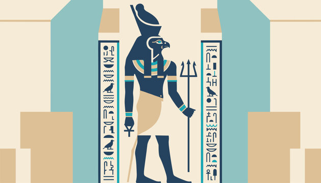 Egyptian god Horus with a falcon head stands inside a temple entrance flanked by columns covered in ancient hieroglyphs.
