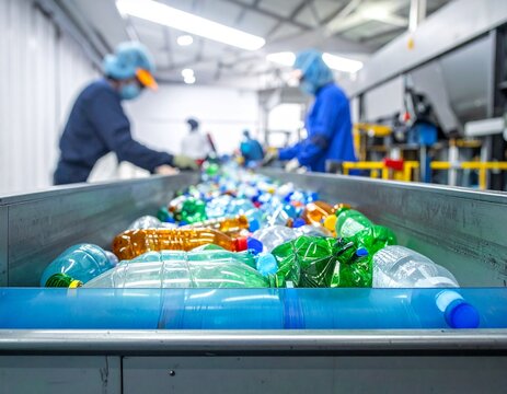 workers sorting plastic bottles on a conveyor belt within a recycling facility. 
