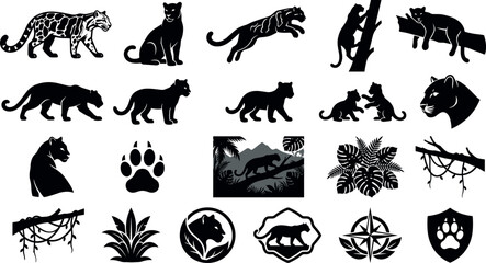 Set of black silhouettes of panthers and leopards in various poses, jungle plants, paw prints, and emblems © ISMOTARA