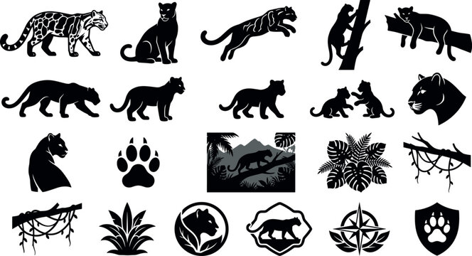 Set of black silhouettes of panthers and leopards in various poses, jungle plants, paw prints, and emblems