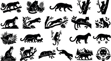 Set of black silhouettes of panthers and leopards in various poses, walking, jumping, climbing trees and sitting in the jungle © ISMOTARA