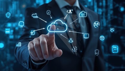 Fototapeta premium Cloud computing technology concept with businessman, digital network infrastructure and data storage icons, futuristic blue information management system