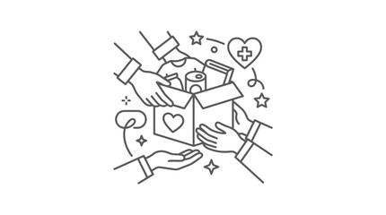 Obraz premium Industrial Style Line Art of Gift Box with Hands Tools and Medical Cross Heart Symbols in Monochrome