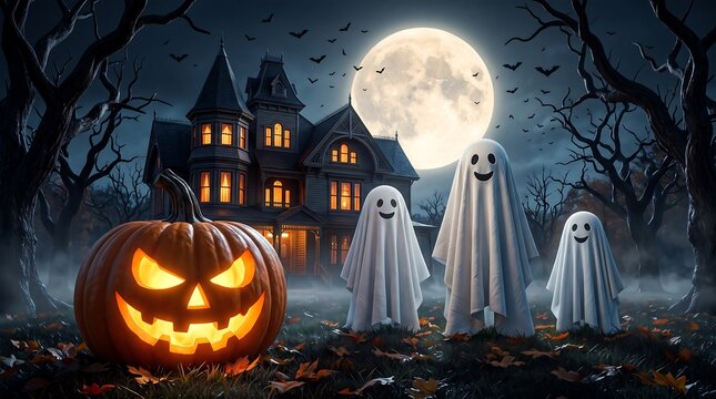 Three friendly sheet ghosts and glowing jack o' lantern in front of haunted victorian mansion under full moon