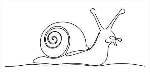 Continuous single line drawing of a cute garden snail with a spiral shell moving slowly forward in a simple minimalist art style for nature designs © Pabon Art Gallery