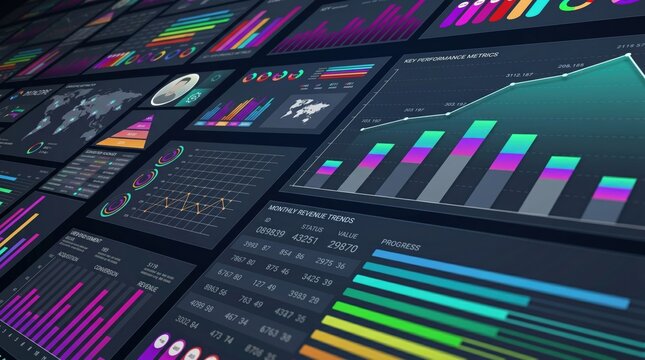Futuristic digital dashboard displaying colorful data analytics, financial charts, and business performance metrics on multiple screens for corporate reporting.