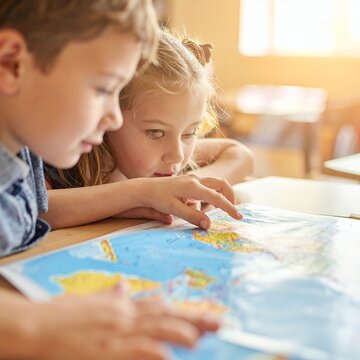 Two young children intently studying a world map together in a classroom setting.