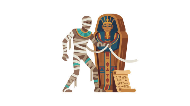 Ancient Egyptian mummy unraveling bandages next to a pharaoh sarcophagus and hieroglyphic scroll flat vector illustration