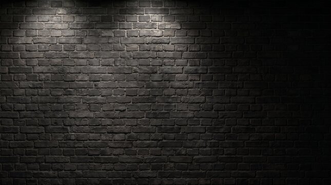Dark black brick wall texture background with spotlight. Industrial grunge brick wall.