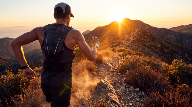Athletic male trail runner with hydration vest, golden hour sunlight flare, running uphill on dirt path, rugged mountain ridge, sports and fitness photography