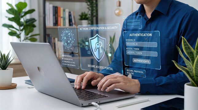 Cybersecurity authentication network security concept, secure access portal with shield icon, laptop user managing data protection, encryption technology, privacy firewall syste...