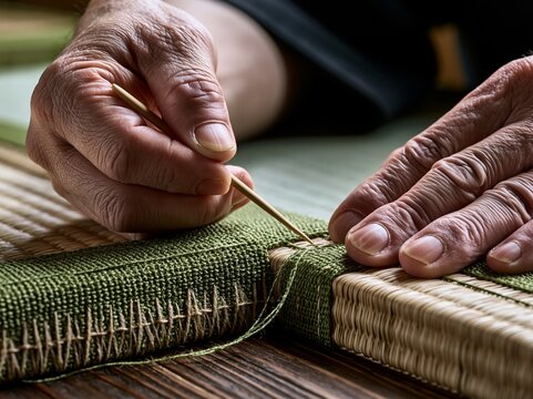 Summer tatami artisan finishing mat edge with traditional stitching