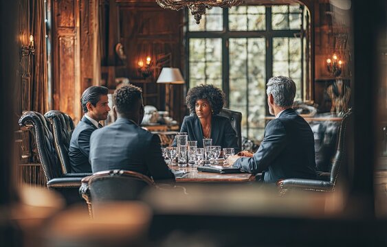 Diverse Business Leaders Discussing Future Strategy Around Elegant Conference Table