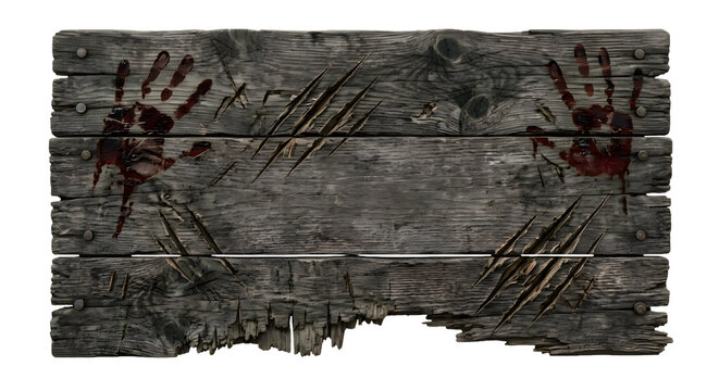 Wooden sign with bloody handprints and claw marks