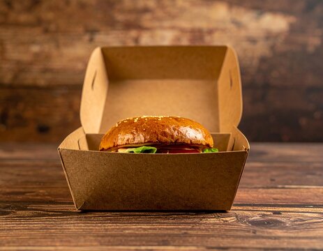 brown, hinged burger container is made from eco-friendly, biodegradable Kraft paper packaging