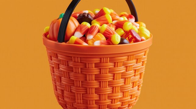Halloween basket filled with colorful candy corn sits ready for trick or treating in the autumn season.